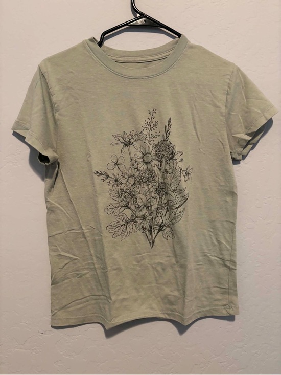 Fifth Sun Tops - Fifth Sun Sage Green Short Sleeve Tee with Black Floral Graphic